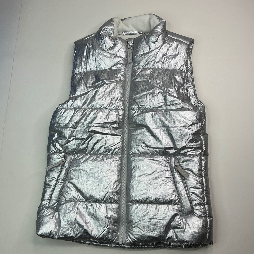 Amazon‎ Essentials Silver Puffer Vest Kids Size L 10 Metallic Fleece Lined Zip